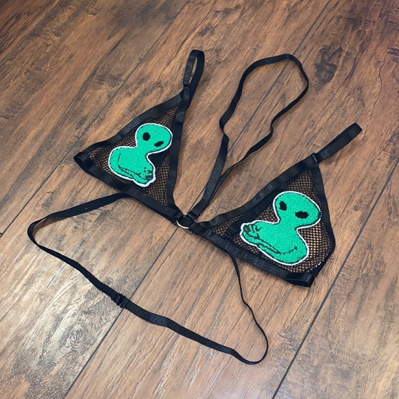 Fishnet Green Alien Patch Triangle Rave Top - Picture 2 of 4